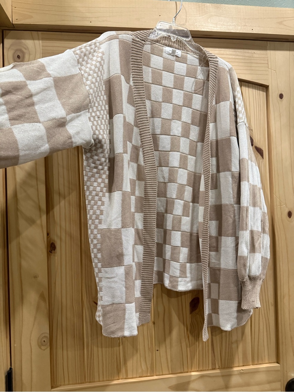 Women's Checkerboard Open-Front Cardigan Sweater - Cream & Beige, Size XL - Picture 3 of 8